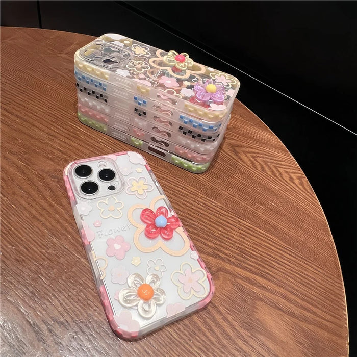 For iPhone 16 Pro Case Grid Frame 3D Flower Design TPU Phone Cover - Yellow - 5