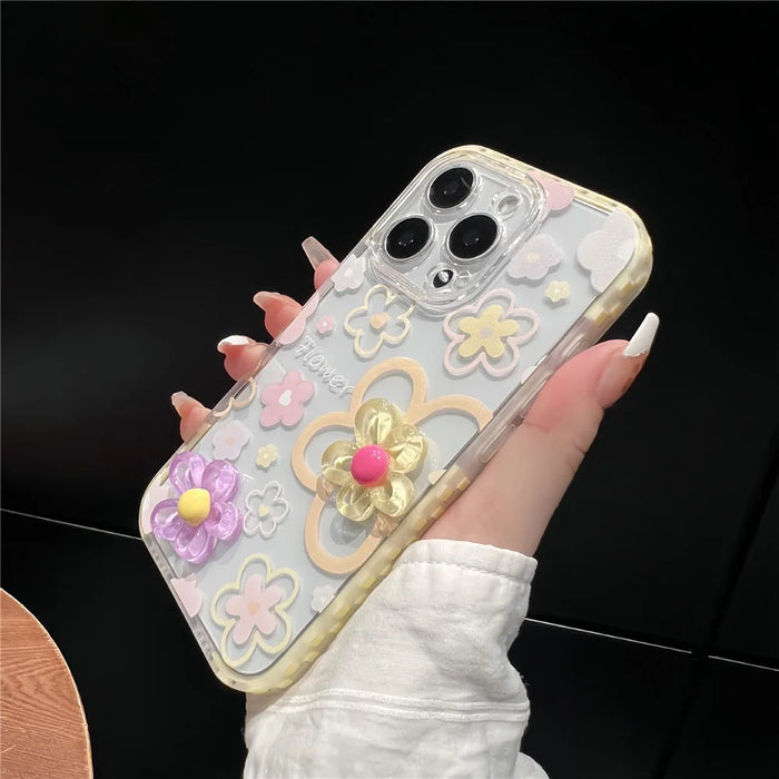 For iPhone 16 Pro Max Case Grid Frame 3D Flower Design TPU Phone Cover - Yellow - 2