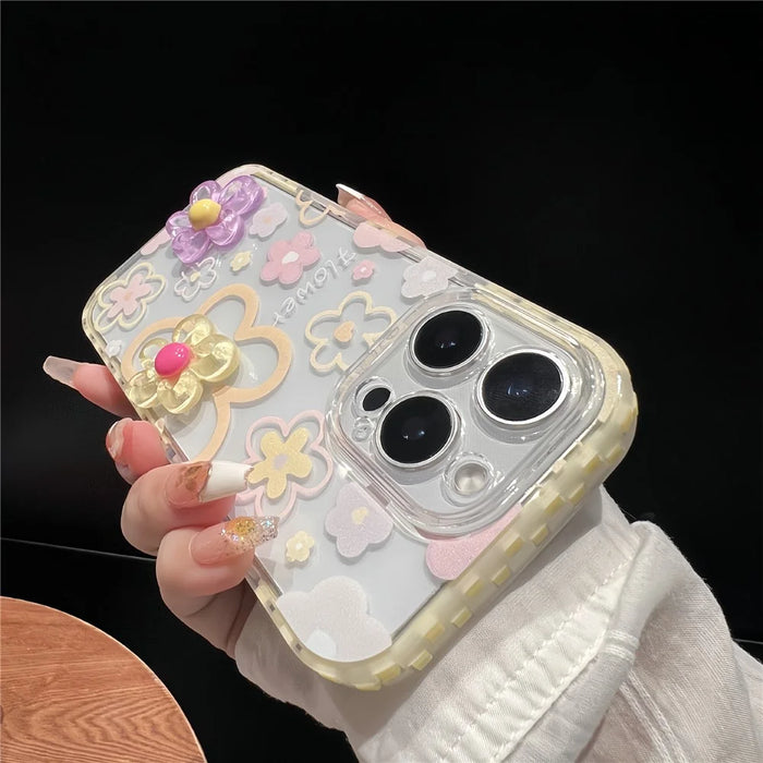For iPhone 16 Pro Max Case Grid Frame 3D Flower Design TPU Phone Cover - Yellow - 3