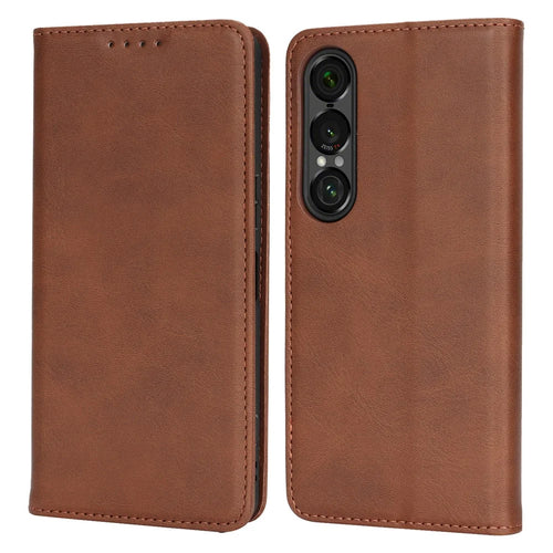 For Sony Xperia 1 VII Case PU Leather Calf Textured Magnetic Closing Smart Phone Cover - Dark Brown - 1