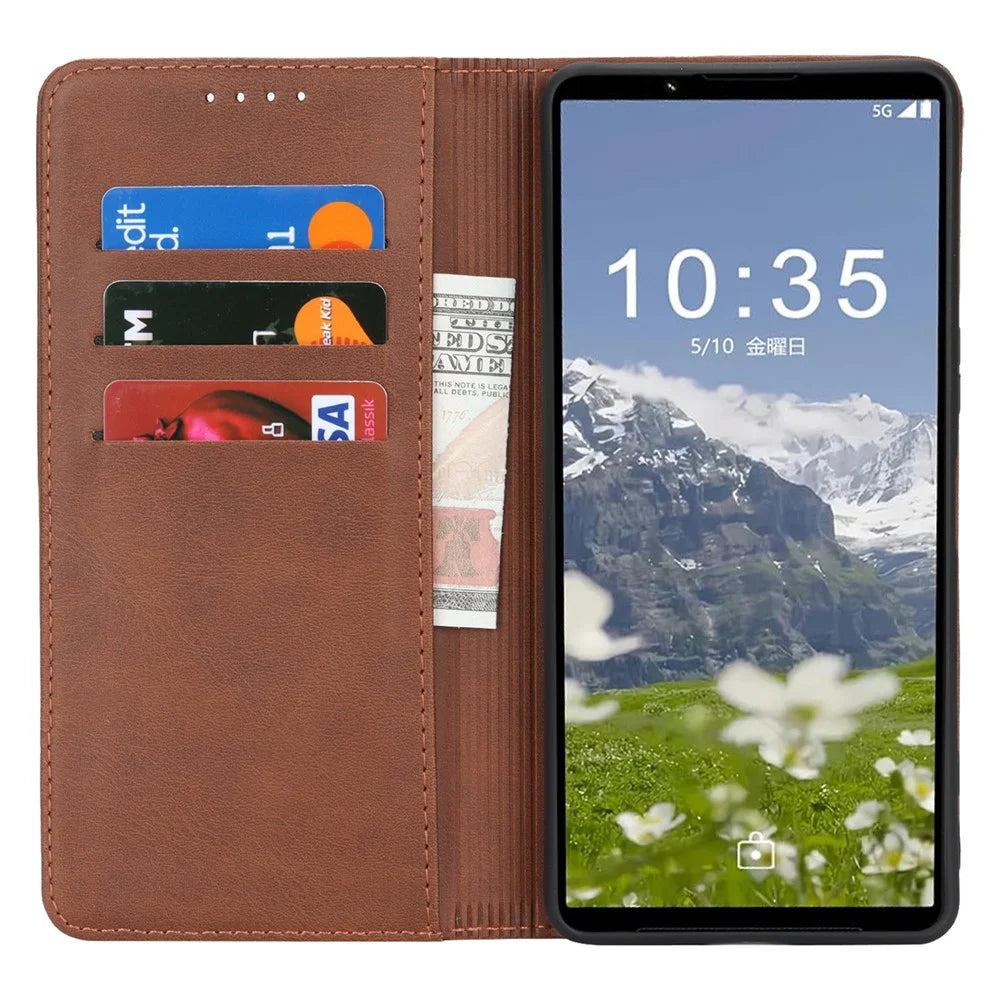 For Sony Xperia 1 VII Case PU Leather Calf Textured Magnetic Closing Smart Phone Cover - Dark Brown - 2
