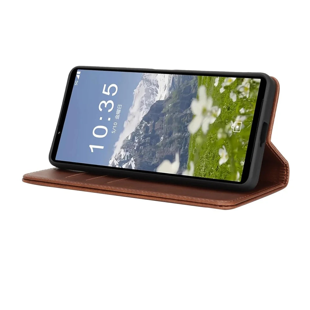For Sony Xperia 1 VII Case PU Leather Calf Textured Magnetic Closing Smart Phone Cover - Dark Brown - 3
