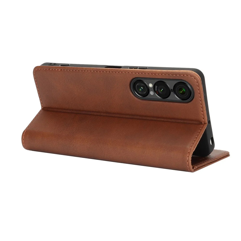 For Sony Xperia 1 VII Case PU Leather Calf Textured Magnetic Closing Smart Phone Cover - Dark Brown - 4