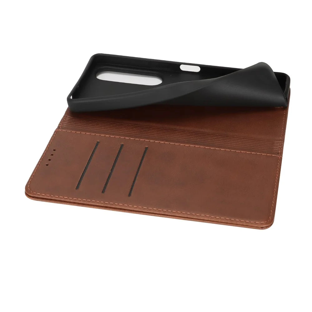 For Sony Xperia 1 VII Case PU Leather Calf Textured Magnetic Closing Smart Phone Cover - Dark Brown - 5