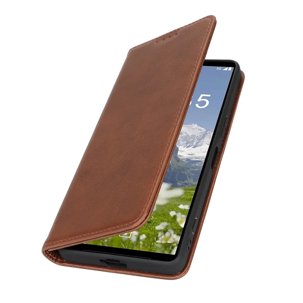 For Sony Xperia 1 VII Case PU Leather Calf Textured Magnetic Closing Smart Phone Cover - Dark Brown - 6