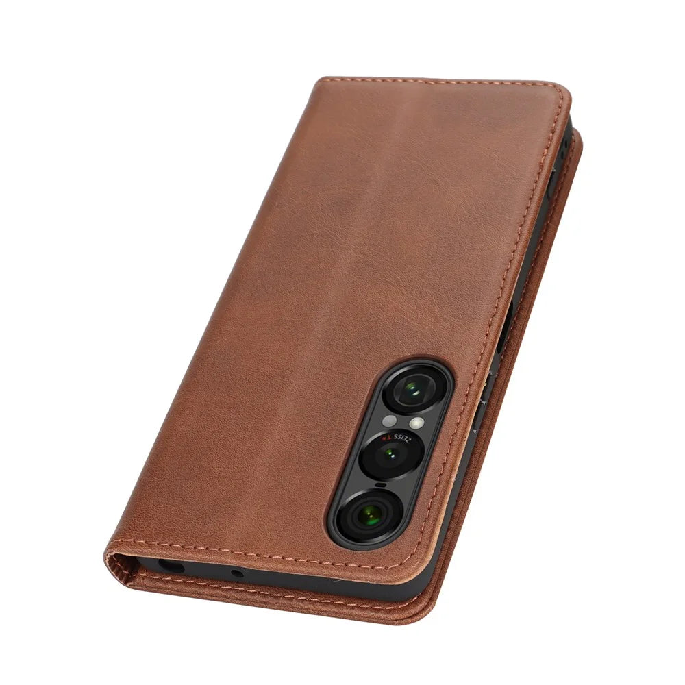 For Sony Xperia 1 VII Case PU Leather Calf Textured Magnetic Closing Smart Phone Cover - Dark Brown - 7