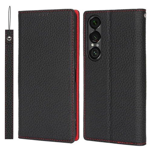 For Sony Xperia 1 VII Wallet Case Genuine Cow Leather Phone Cover Litchi Texture - Black - 1