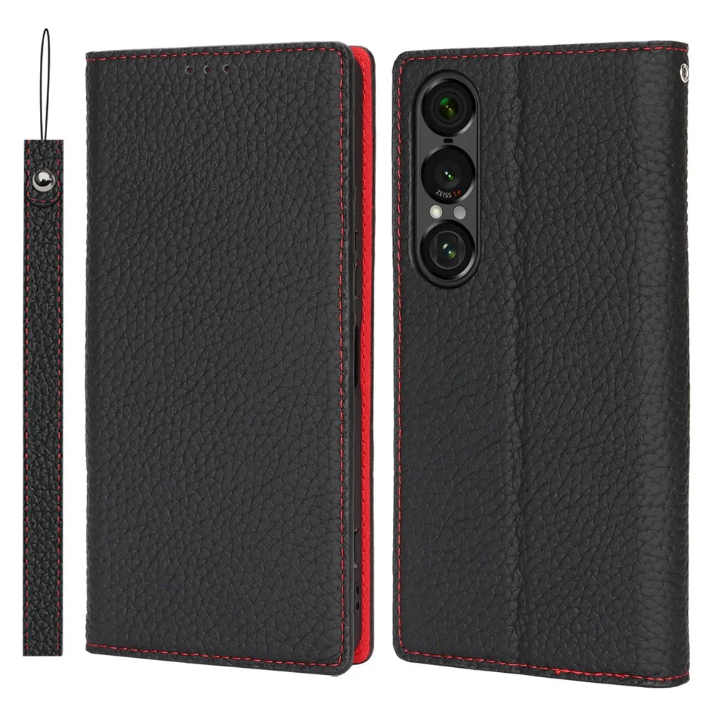 For Sony Xperia 1 VII Wallet Case Genuine Cow Leather Phone Cover Litchi Texture - Black - 1