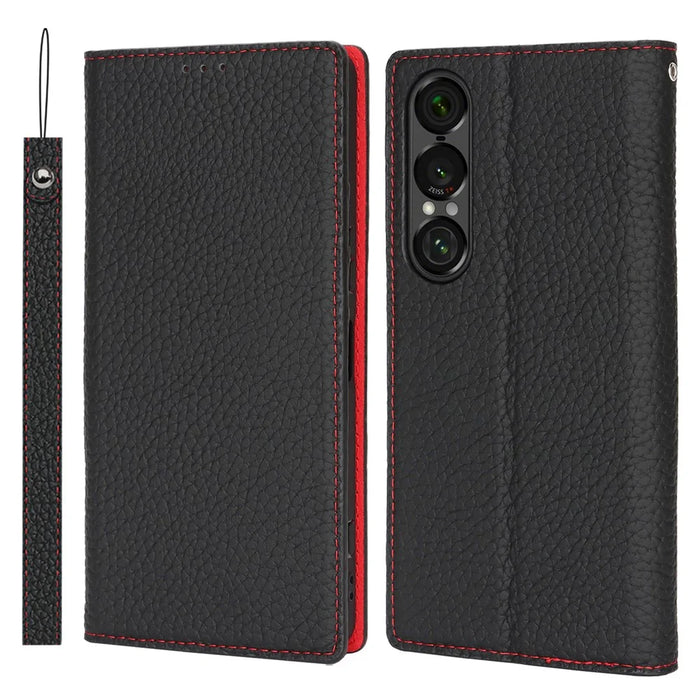 For Sony Xperia 1 VII Wallet Case Genuine Cow Leather Phone Cover Litchi Texture - Black - 1