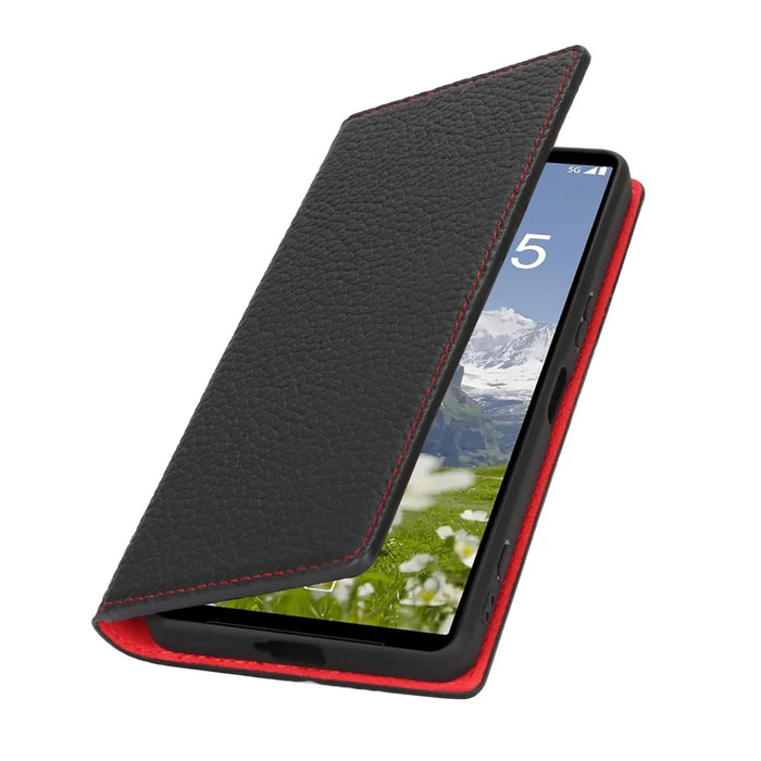 For Sony Xperia 1 VII Wallet Case Genuine Cow Leather Phone Cover Litchi Texture - Black - 6
