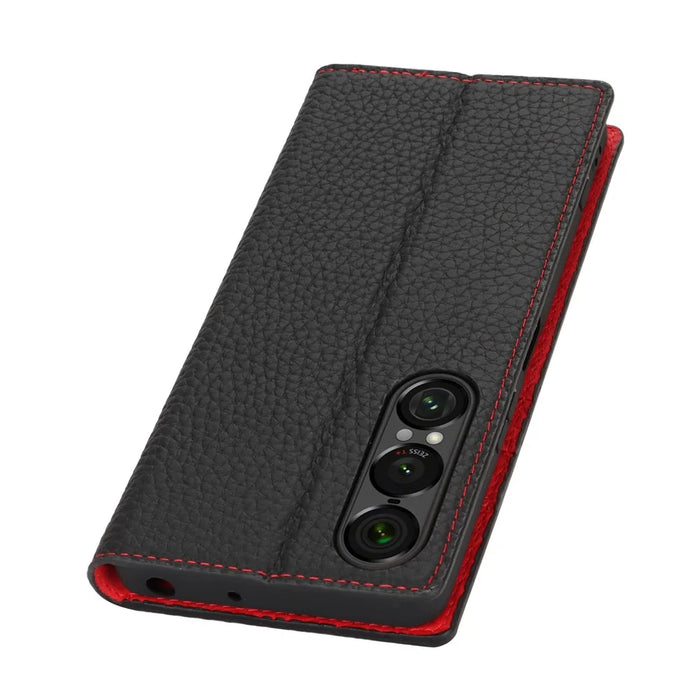 For Sony Xperia 1 VII Wallet Case Genuine Cow Leather Phone Cover Litchi Texture - Black - 7
