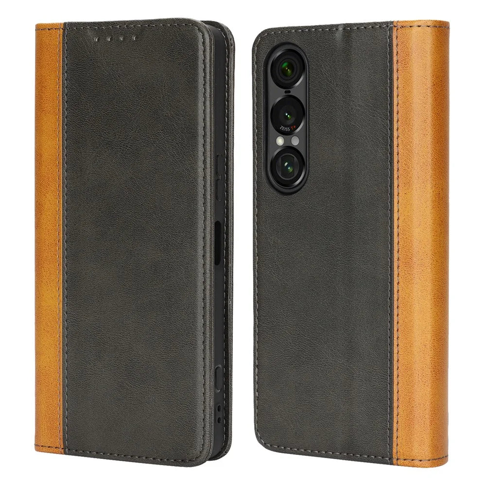 For Sony Xperia 1 VII Case Calf Texture 3 Card Slots Color Splicing Leather Phone Cover - Black+Yellow - 1