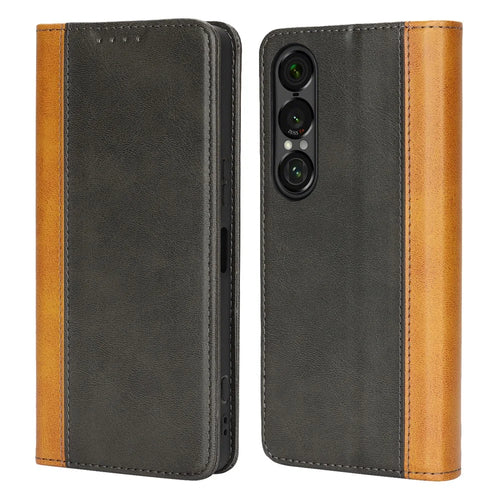For Sony Xperia 1 VII Case Calf Texture 3 Card Slots Color Splicing Leather Phone Cover - Black+Yellow - 1
