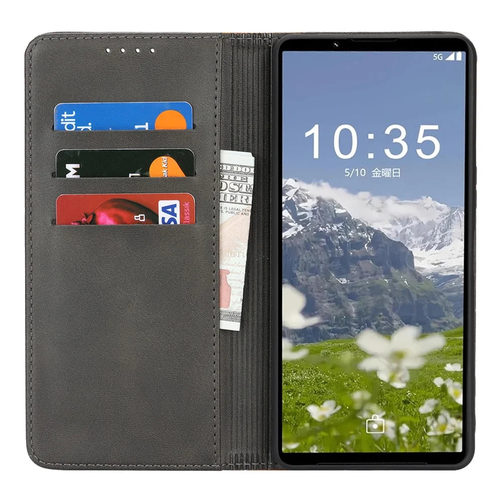 For Sony Xperia 1 VII Case Calf Texture 3 Card Slots Color Splicing Leather Phone Cover - Black+Yellow - 2