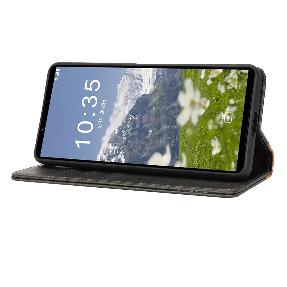 For Sony Xperia 1 VII Case Calf Texture 3 Card Slots Color Splicing Leather Phone Cover - Black+Yellow - 3