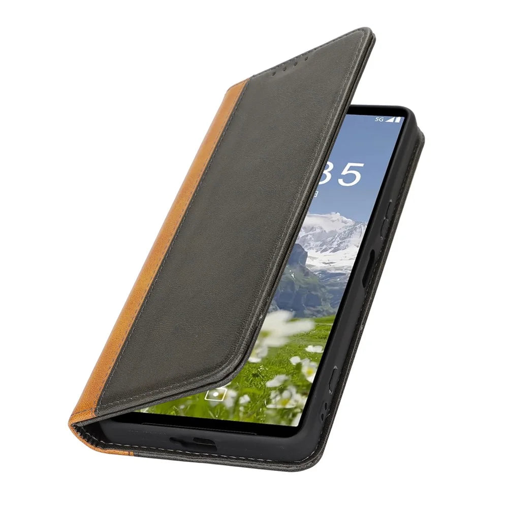 For Sony Xperia 1 VII Case Calf Texture 3 Card Slots Color Splicing Leather Phone Cover - Black+Yellow - 6