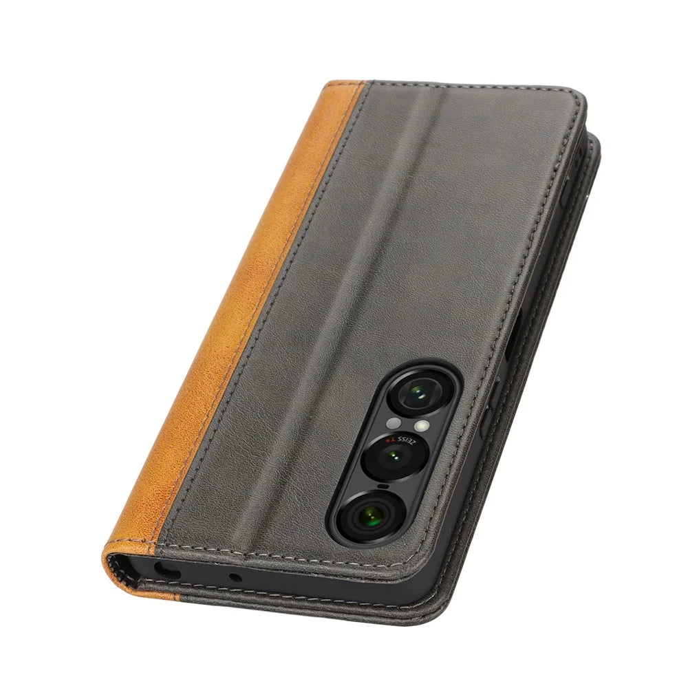 For Sony Xperia 1 VII Case Calf Texture 3 Card Slots Color Splicing Leather Phone Cover - Black+Yellow - 7