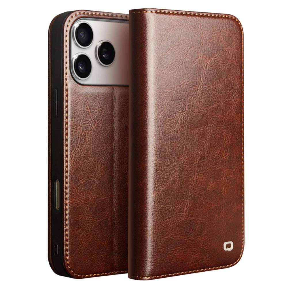 QIALINO For iPhone 17 Pro Max Case Wallet Stand Genuine Cow Leather Phone Cover - Brown - 1