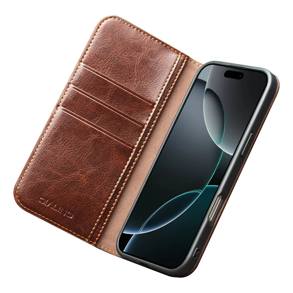QIALINO For iPhone 17 Pro Max Case Wallet Stand Genuine Cow Leather Phone Cover - Brown - 2