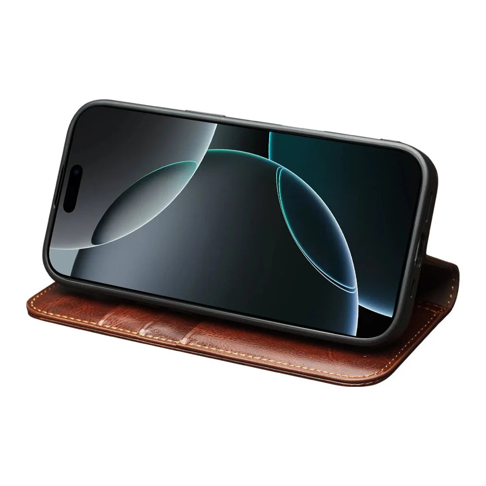 QIALINO For iPhone 17 Pro Max Case Wallet Stand Genuine Cow Leather Phone Cover - Brown - 3