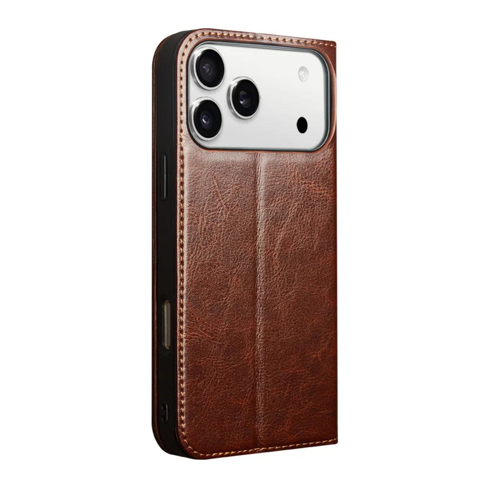 QIALINO For iPhone 17 Pro Max Case Wallet Stand Genuine Cow Leather Phone Cover - Brown - 5