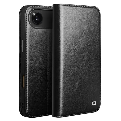 QIALINO For iPhone Air Case Wallet Stand Genuine Cow Leather Phone Cover - Black - 1