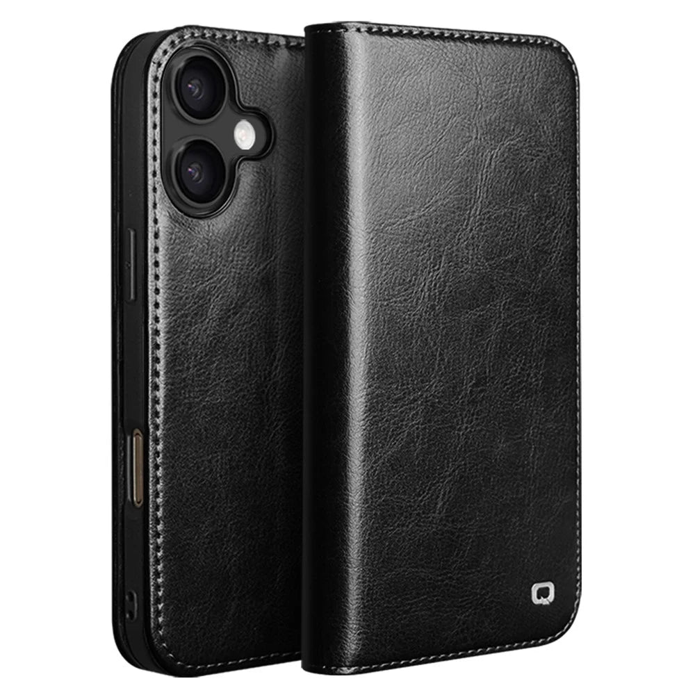 QIALINO For iPhone 17 Case Wallet Stand Genuine Cow Leather Phone Cover - Black - 1
