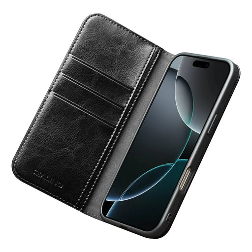 QIALINO For iPhone 17 Case Wallet Stand Genuine Cow Leather Phone Cover - Black - 2