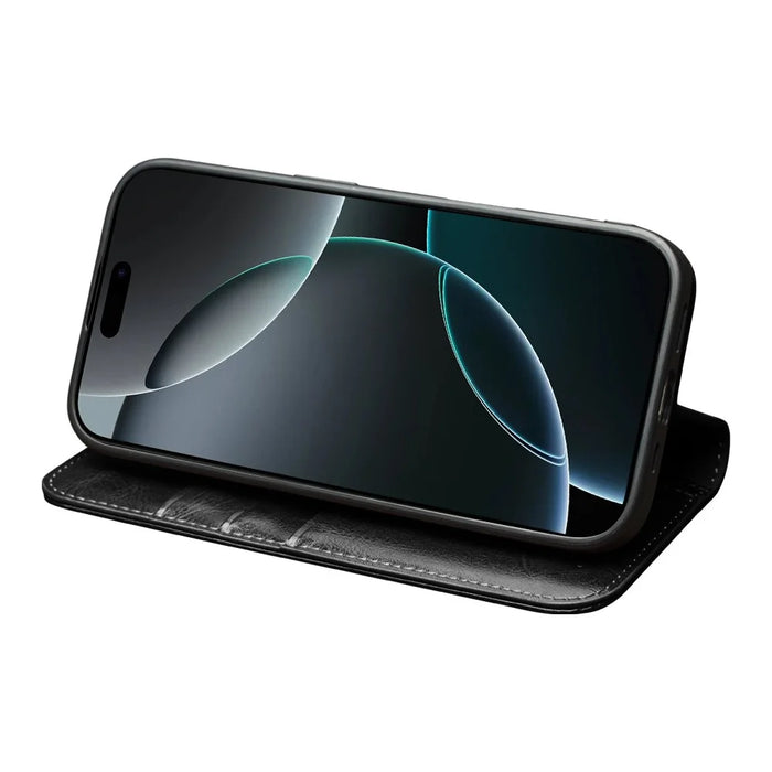 QIALINO For iPhone 17 Case Wallet Stand Genuine Cow Leather Phone Cover - Black - 3