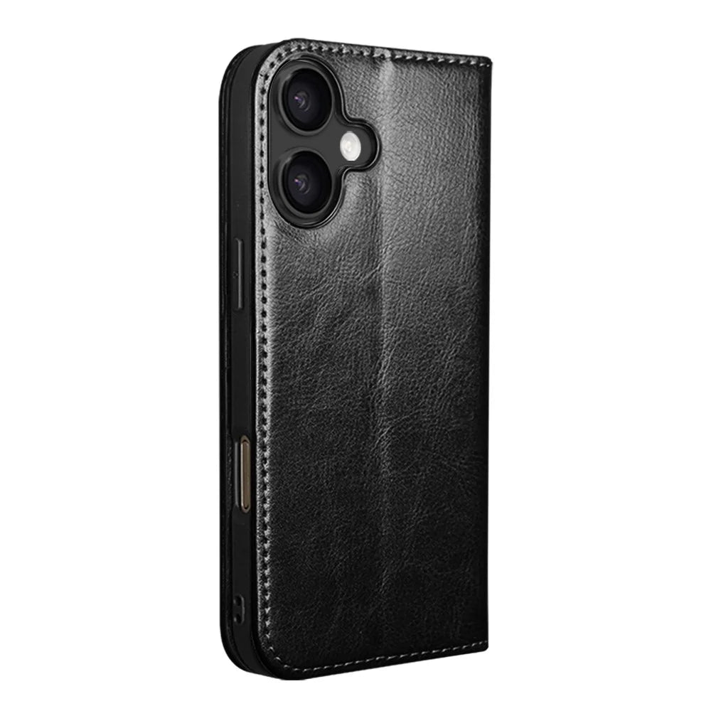 QIALINO For iPhone 17 Case Wallet Stand Genuine Cow Leather Phone Cover - Black - 5