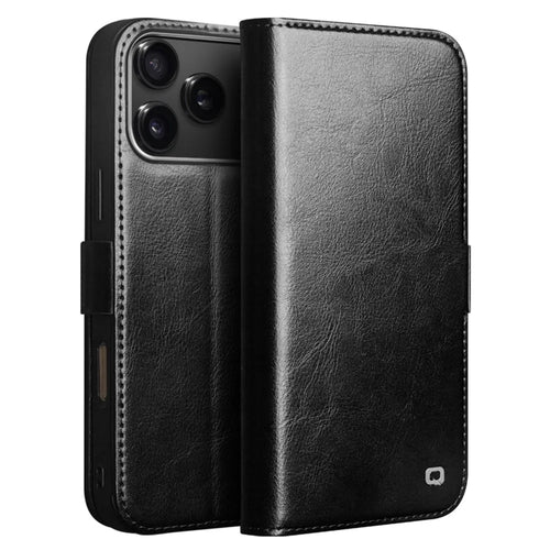 QIALINO For iPhone 17 Pro Wallet Case Genuine Cowhide Leather Magnetic Flip Phone Cover with Stand - Black - 1