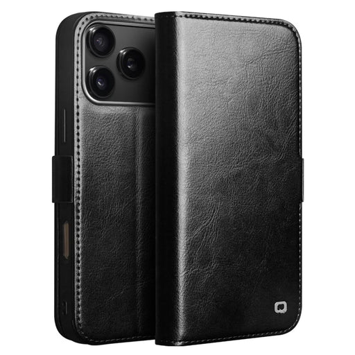 QIALINO For iPhone 17 Pro Wallet Case Genuine Cowhide Leather Magnetic Flip Phone Cover with Stand - Black - 1