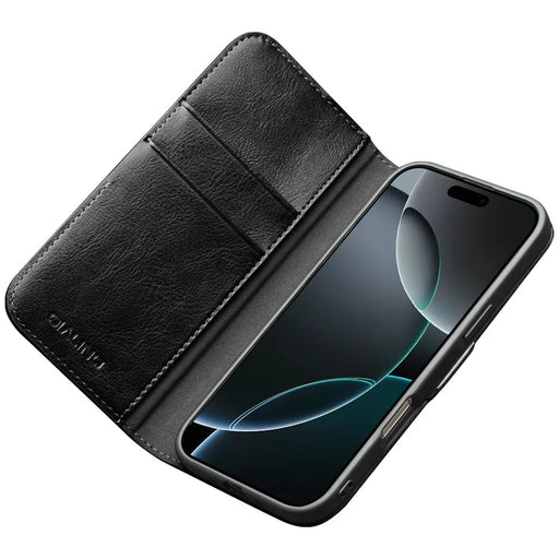QIALINO For iPhone 17 Pro Wallet Case Genuine Cowhide Leather Magnetic Flip Phone Cover with Stand - Black - 2
