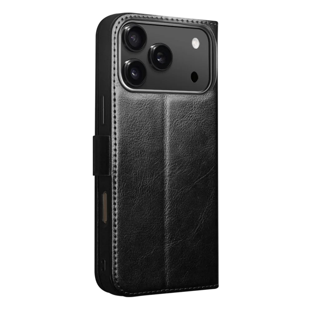 QIALINO For iPhone 17 Pro Wallet Case Genuine Cowhide Leather Magnetic Flip Phone Cover with Stand - Black - 5