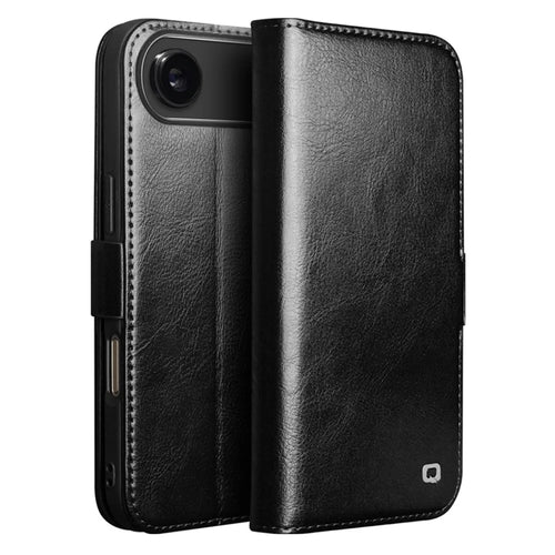 QIALINO For iPhone Air Case with Card Holder Genuine Cow Leather Stand Phone Cover - Black - 1
