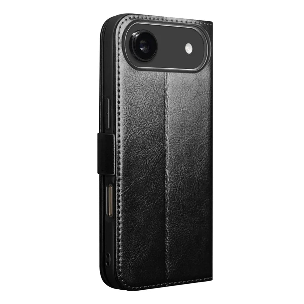 QIALINO For iPhone Air Case with Card Holder Genuine Cow Leather Stand Phone Cover - Black - 5
