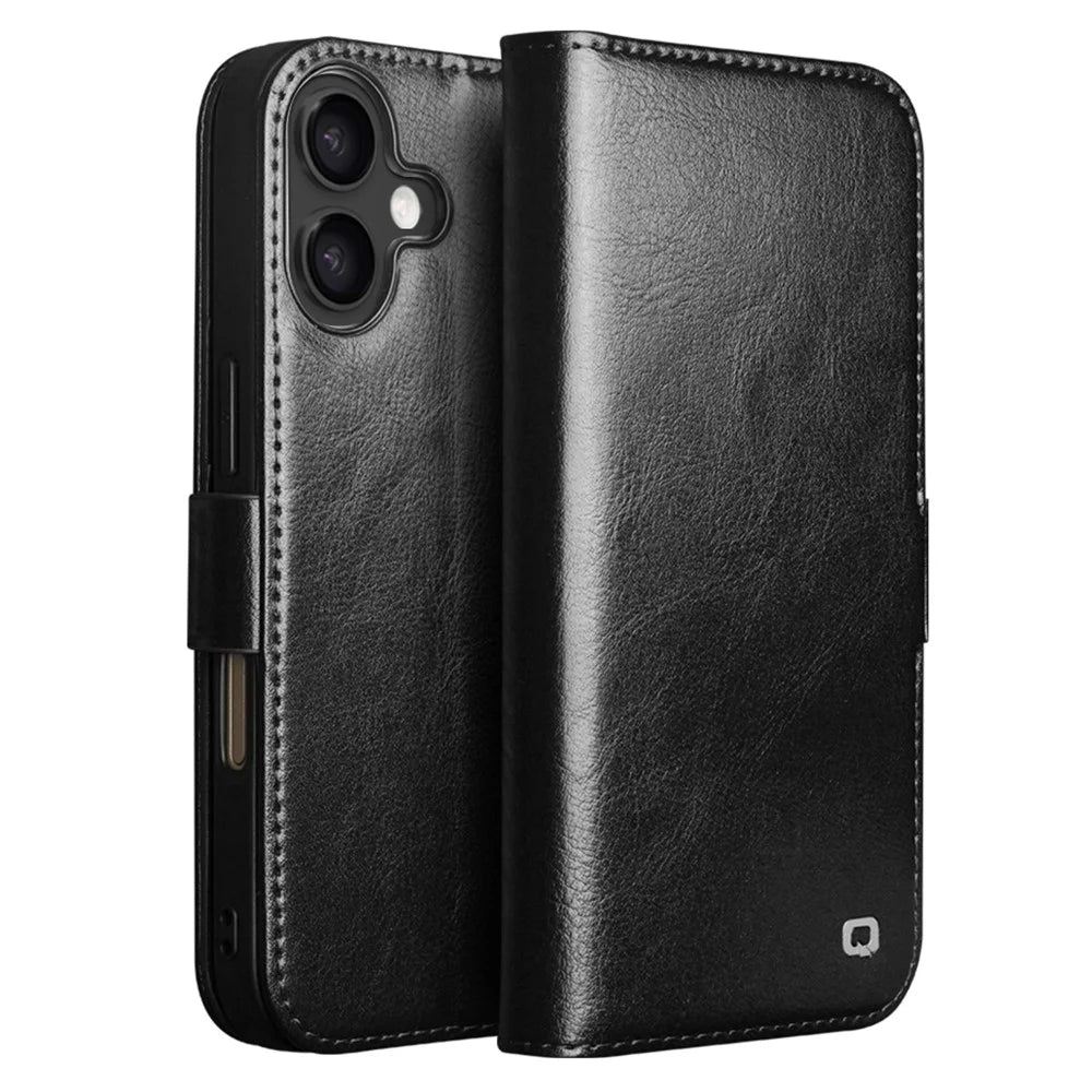 QIALINO For iPhone 17 Case with Card Holder Genuine Cow Leather Stand Phone Cover - Black - 1