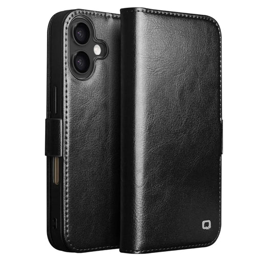 QIALINO For iPhone 17 Case with Card Holder Genuine Cow Leather Stand Phone Cover - Black - 1