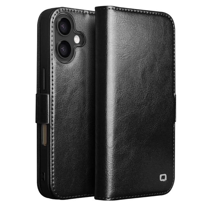 QIALINO For iPhone 17 Case with Card Holder Genuine Cow Leather Stand Phone Cover - Black - 1