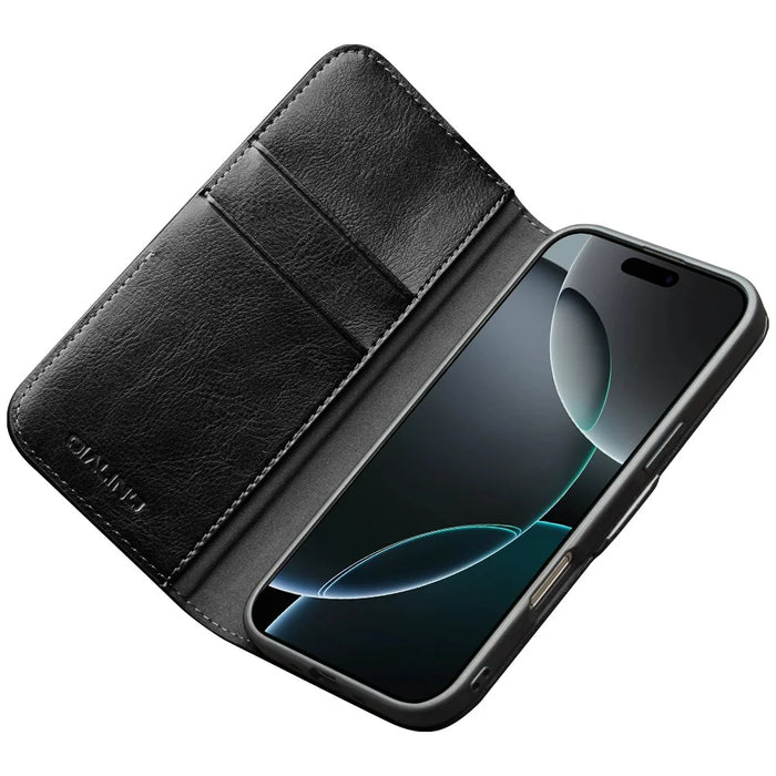 QIALINO For iPhone 17 Case with Card Holder Genuine Cow Leather Stand Phone Cover - Black - 2