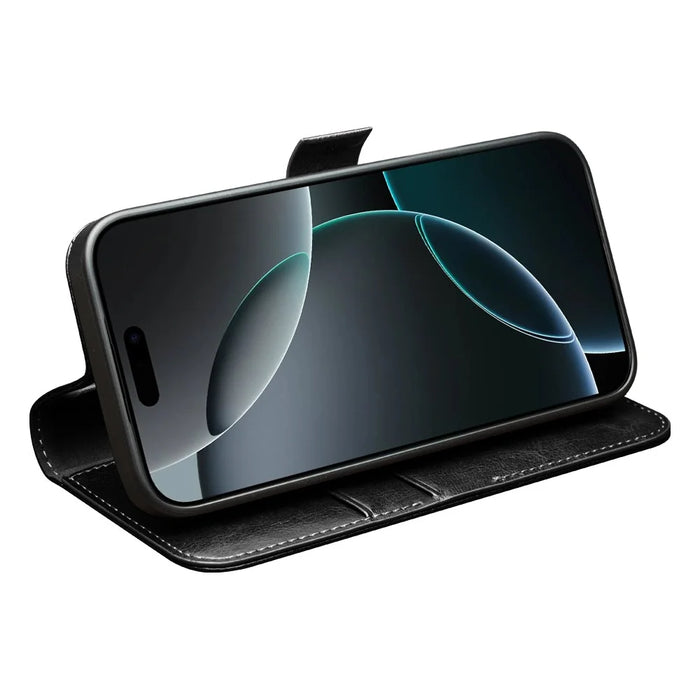 QIALINO For iPhone 17 Case with Card Holder Genuine Cow Leather Stand Phone Cover - Black - 3