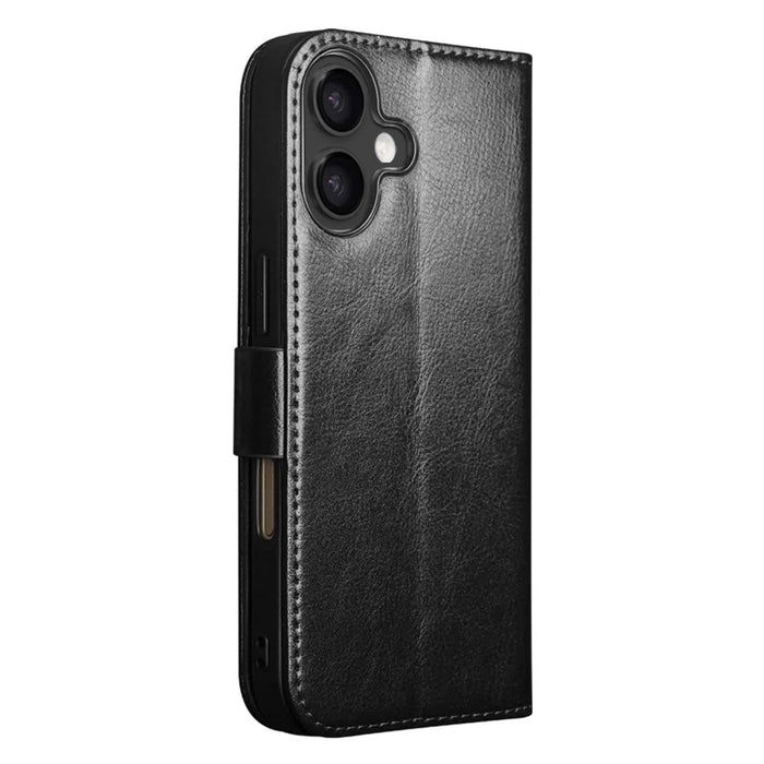 QIALINO For iPhone 17 Case with Card Holder Genuine Cow Leather Stand Phone Cover - Black - 5