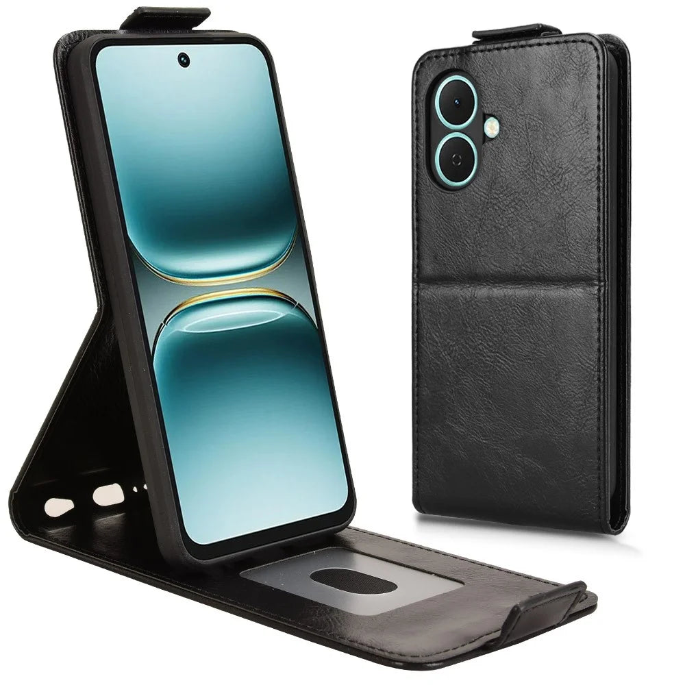 For TECNO Spark Go 2 4G Stand Case Magnetic Clasp Vertical Flip Leather Phone Cover with Card Holder - Black - 1