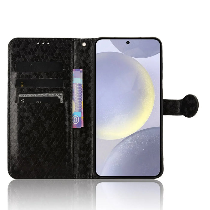 For Samsung Galaxy S25 FE Wallet Case Dot Pattern Imprint PU Leather Phone Cover with Wrist Strap - Black - 2