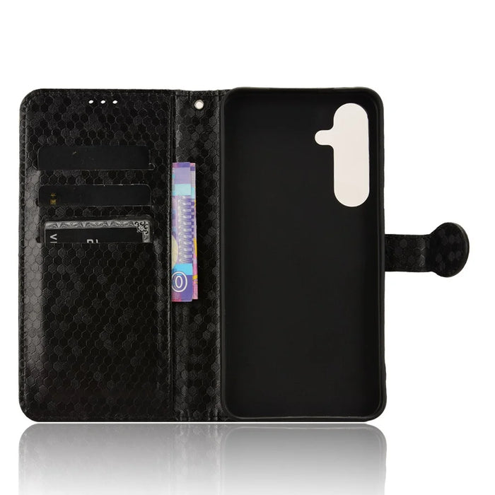 For Samsung Galaxy S25 FE Wallet Case Dot Pattern Imprint PU Leather Phone Cover with Wrist Strap - Black - 4