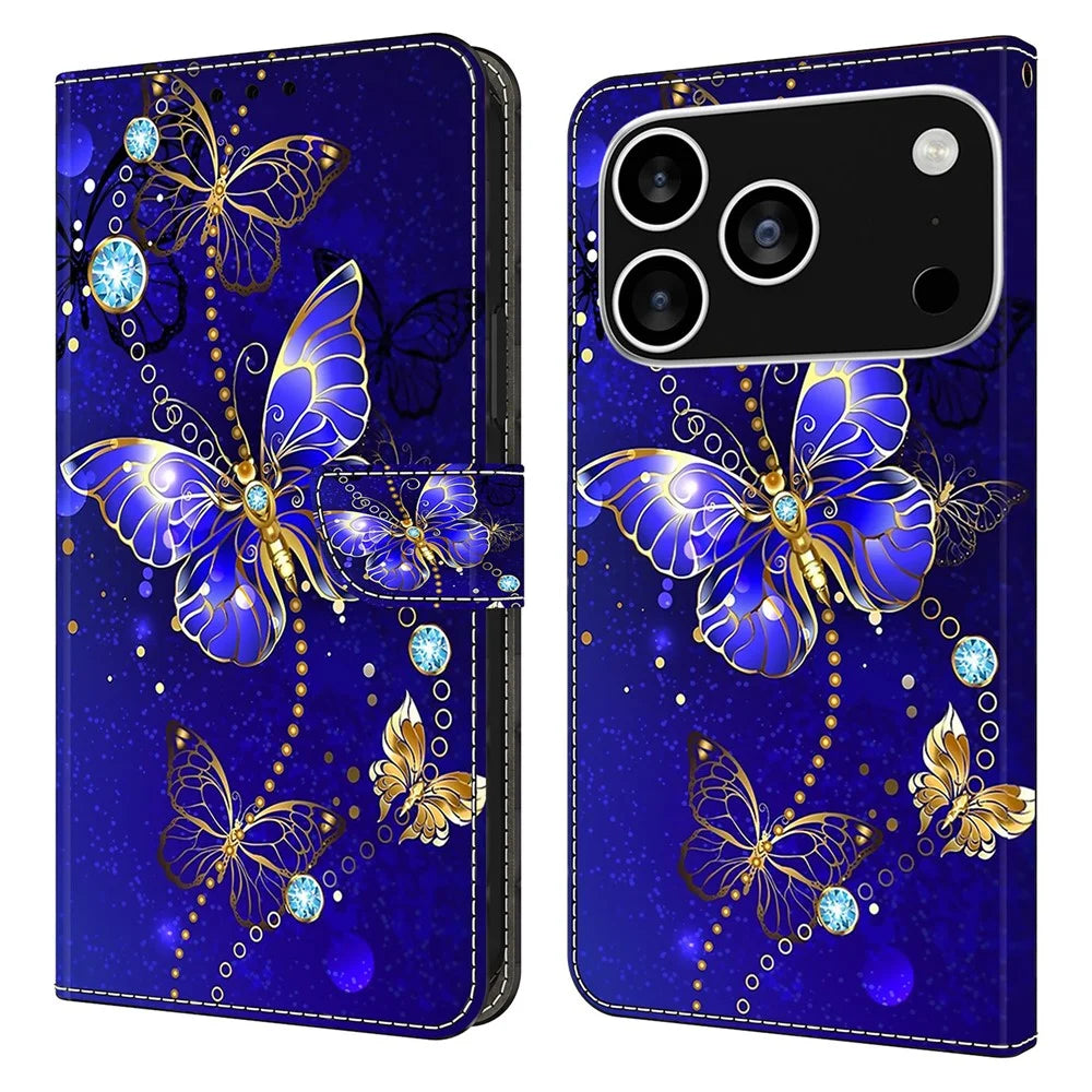 For iPhone 18 Pro / 17 Pro Case 3D Pattern PU Leather Wallet Phone Cover with Stand - Diamond Butterfly - 1