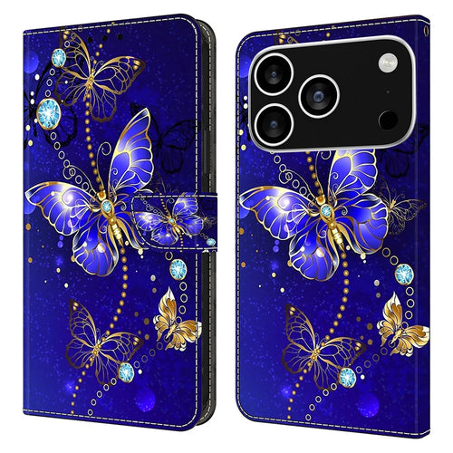 For iPhone 18 Pro / 17 Pro Case 3D Pattern PU Leather Wallet Phone Cover with Stand - Diamond Butterfly - 1