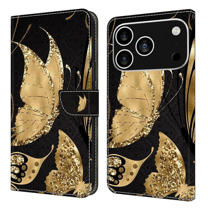 For iPhone 18 Pro / 17 Pro Case Magnetic Clasp 3D Pattern Leather Wallet Phone Cover - Golden Butterfly - 1
