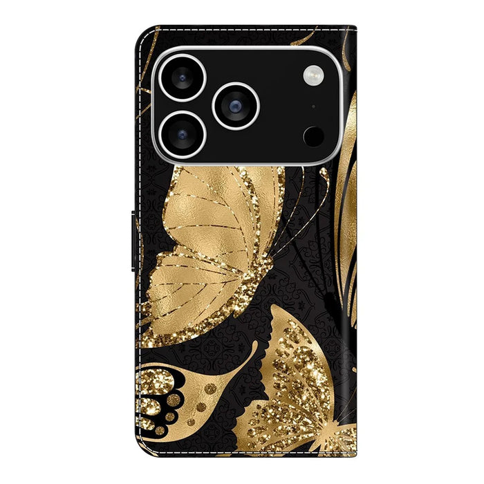 For iPhone 18 Pro / 17 Pro Case Magnetic Clasp 3D Pattern Leather Wallet Phone Cover - Golden Butterfly - 6