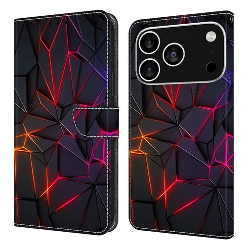 For iPhone 18 Pro / 17 Pro Case with Card Slot Pattern Printed TPU + PU Leather Flip Phone Cover - Red Cracks - 1